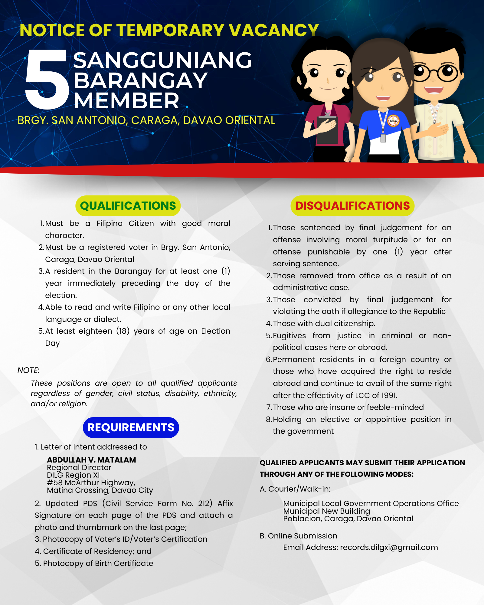 NOTICE OF TEMPORARY VACANCY: 5 SANGGUNIANG BARANGAY MEMBER (Brgy. San Antonio, CARAGA ,Davao Oriental)